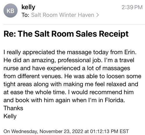 I really appreciated the massage today from Erin. He did an amazing, professional job. I'm a travel nurse and have experienced a lot of massages from different venues. He was able to loosen some tight areas along with making feel relaxed and at ease the whole time. I would recommend him and book with him again when I'm in Florida. Thanks, Kelly